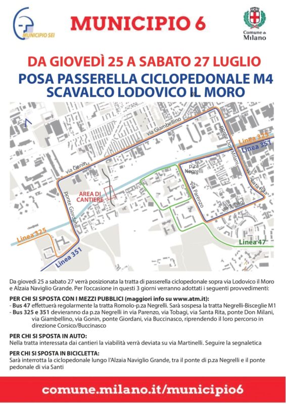 Volantino nuova viabilità dal 25 al 27 luglio per posa passerella sul Naviglio Grande