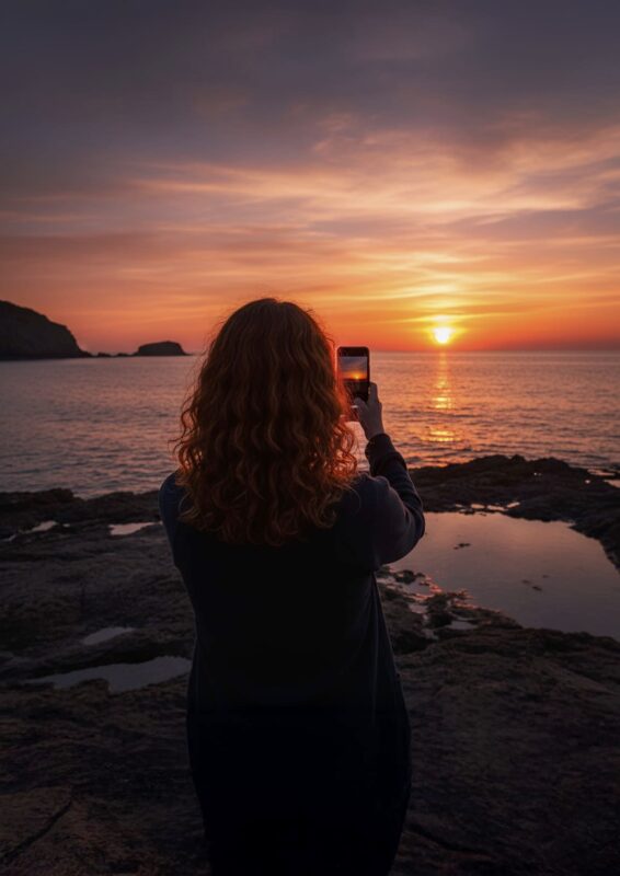Foto persona con smartphone che fotografa tramonto