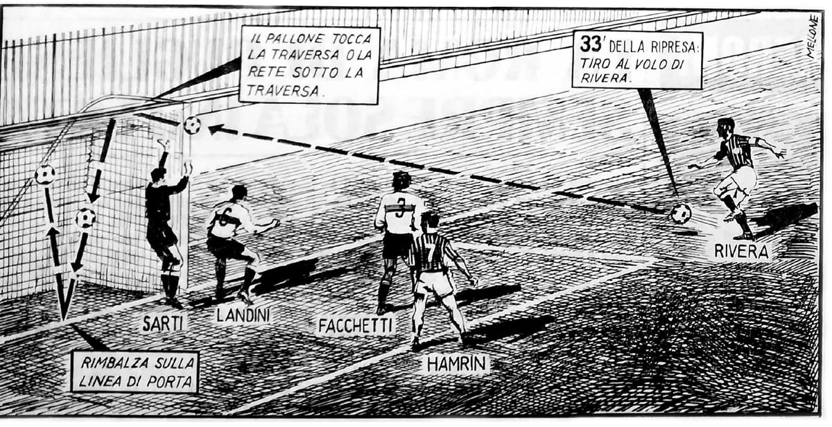 Il famoso “gol fantasma" di Gianni Rivera in un derby Milan-Inter del 22 ottobre 1967. @Fondazione Dario Mellone.